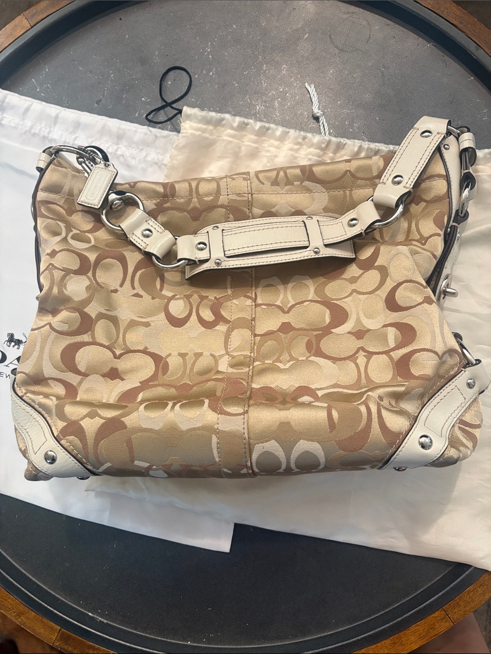 COACH Pearl White & Beige in Signature Canvas and Leather CARLY Hobo